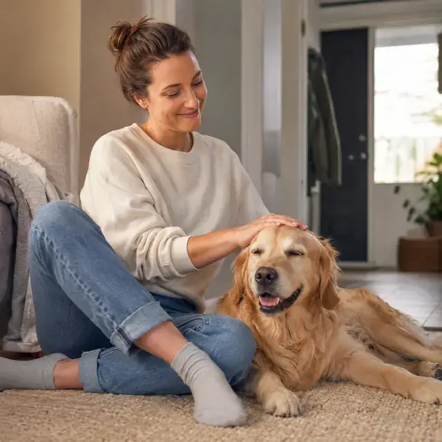 Woman sitting on the floor at home with her hand on her dog