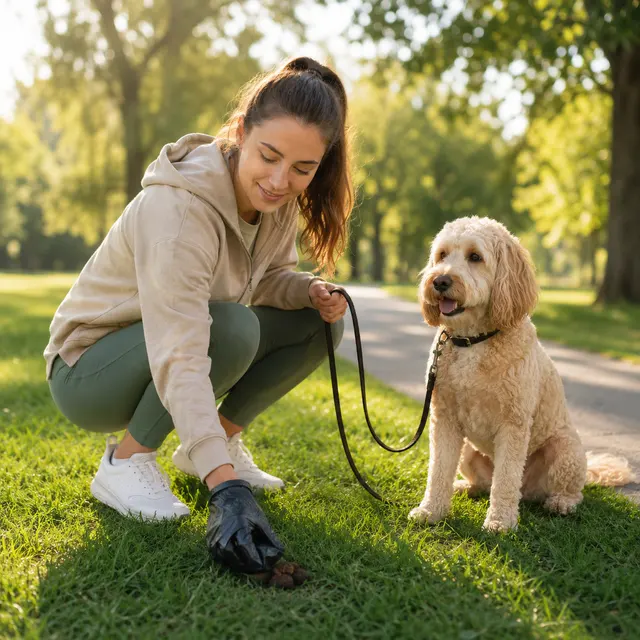 Woman picking up after her dog on a morning walk