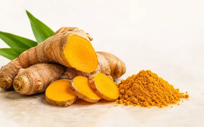 Fresh turmeric root, sliced, beside ground turmeric powder